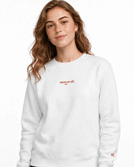 Woman wearing the white mid-weight organic cotton crewneck