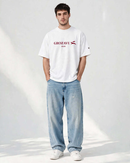 White heavyweight tee with the burgundy Grozavu print, front view