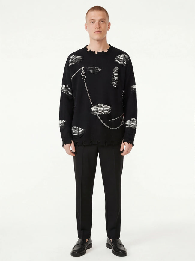 Essential Fit Knitted Sweater Ripped Chain Splicing