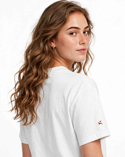 Back view of the white high neck tee in GOTS organic cotton