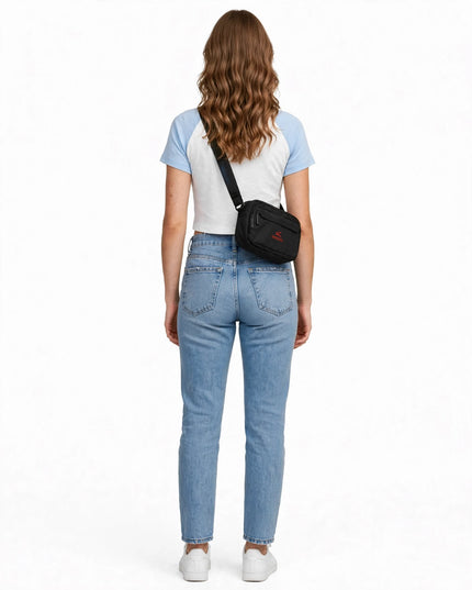 Back view of the black recycled polyester utility crossbody