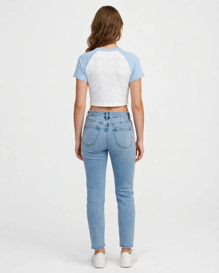 Back view of the micro rib raglan baby tee with baby blue sleeves
