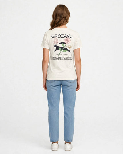 Back view of the undyed Natural straight-cut cotton tee