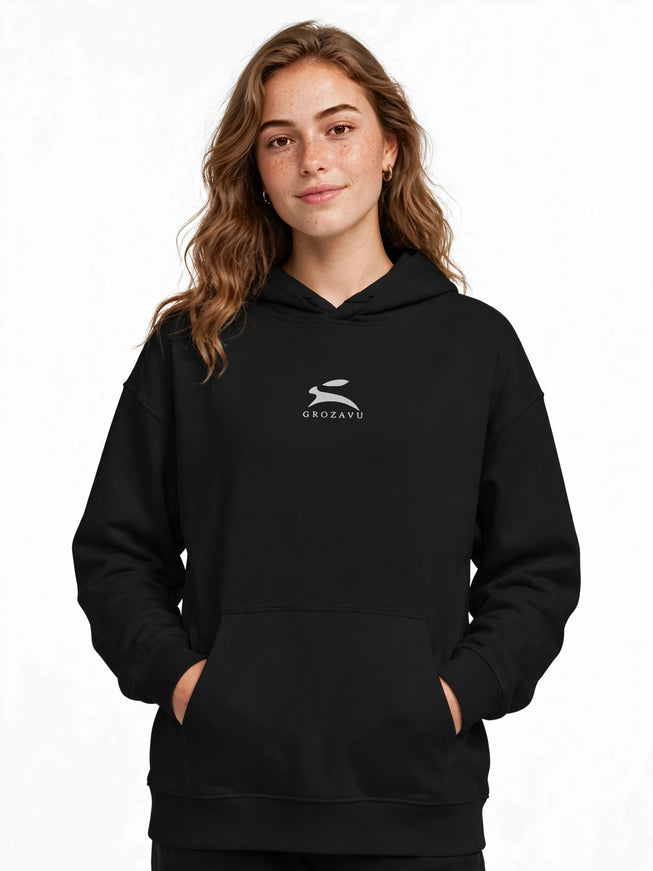 Black 350 g/m² organic cotton hoodie with suede finish, front view