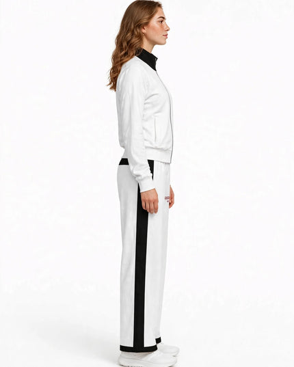 Side profile showing the straight open leg of the wide-leg pants