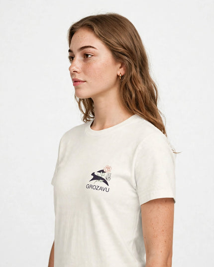 Three-quarter view of the Natural straight-cut tee with ribbed collar