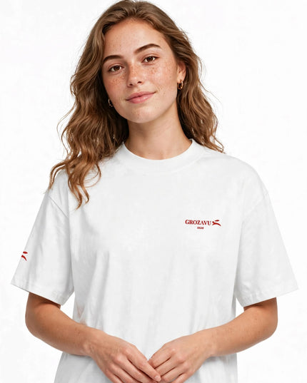 Woman wearing the white high neck tee with dropped shoulders