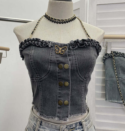 Denim Buckle Strapless Slim Fit Tank Top featuring structured denim, stylish buckle detail, and a chic strapless silhouette.