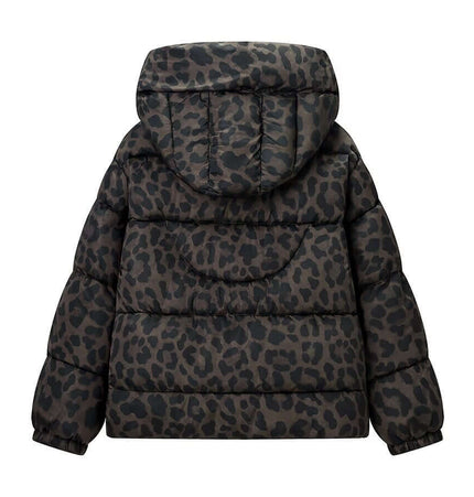 Hooded Zipper Cotton Jacket in stylish leopard print pattern, showcasing hand-sewn details and cozy design.