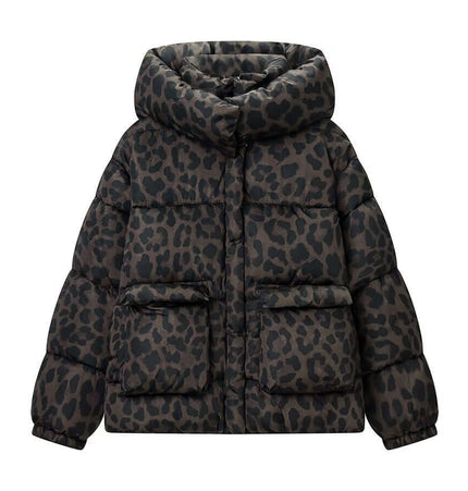Hooded Zipper Cotton Jacket featuring a stylish leopard print design, perfect for a fashionable winter look.