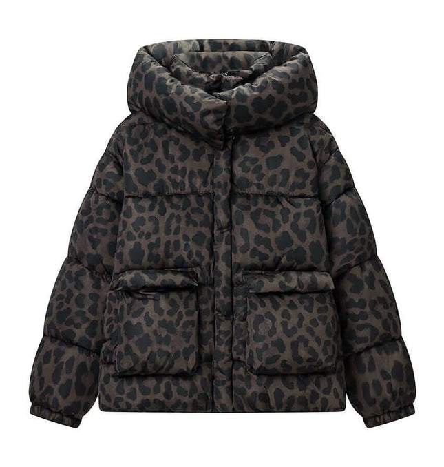Hooded Zipper Cotton Jacket featuring a stylish leopard print design, perfect for a fashionable winter look.