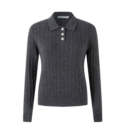 Polo Collar Knit Pullover Sweater – Fitted in dark gray with cable knit texture and button detail.