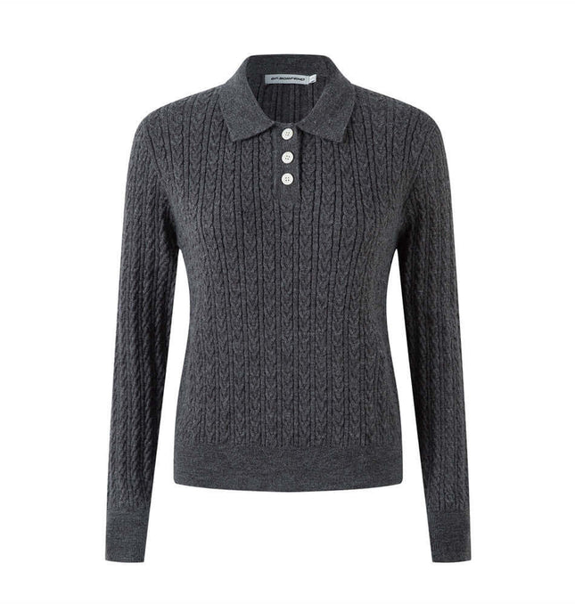 Polo Collar Knit Pullover Sweater – Fitted in dark gray with cable knit texture and button detail.