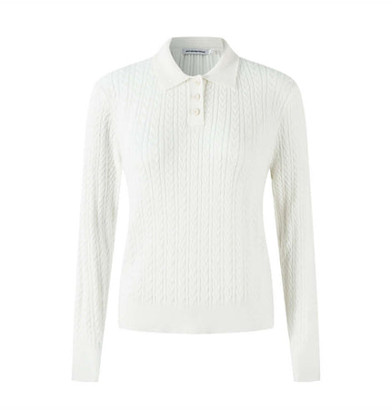 Polo Collar Knit Pullover Sweater – Fitted in white with cable knit pattern and button detail.