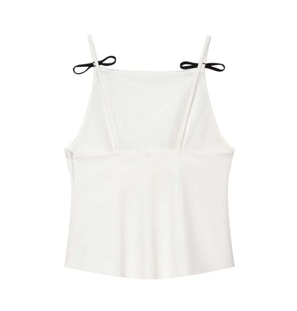 Casual Bow Detail Strap Top – Slim Fit in solid white with cute bow detail and double straps.