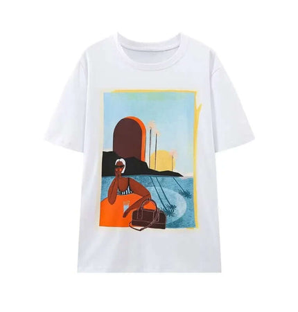 Cotton TShirt with Oil Painting Print featuring an artistic beach scene and a stylish figure.