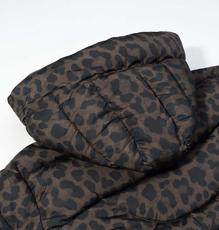 Hooded Zipper Cotton Jacket featuring a stylish leopard print design and cozy hood for a fashionable winter look.