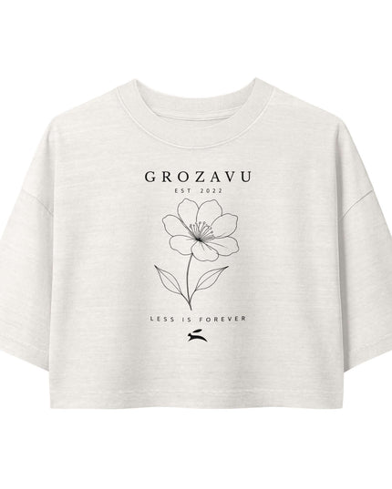 Maison Grozavu Effortless Obsidian Tee in Vintage White — front view of the cropped garment-dye silhouette with oversized sleeves