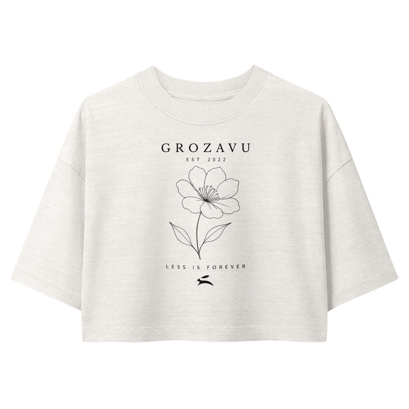 Maison Grozavu Effortless Obsidian Tee in Vintage White — front view of the cropped garment-dye silhouette with oversized sleeves
