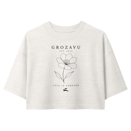 Maison Grozavu Effortless Obsidian Tee in Vintage White — front view of the cropped garment-dye silhouette with oversized sleeves