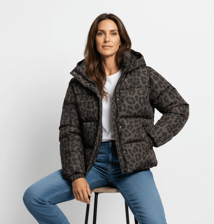 Hooded Zipper Cotton Jacket featuring a stylish leopard print design worn by a model.