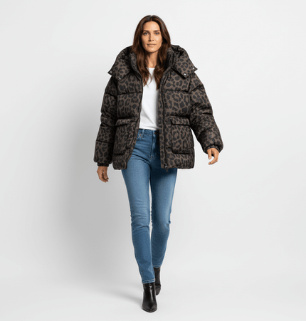 Hooded Zipper Cotton Jacket worn by a model, featuring a bold leopard print and stylish design.