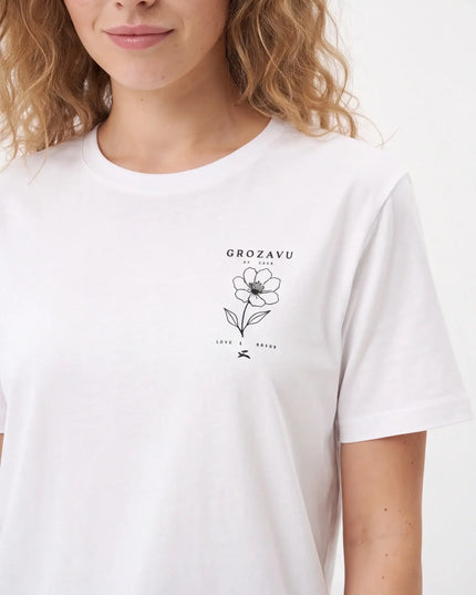 Tailored Monochrome Tee White — full-length lifestyle view showing the White colourway classic fit and hem length