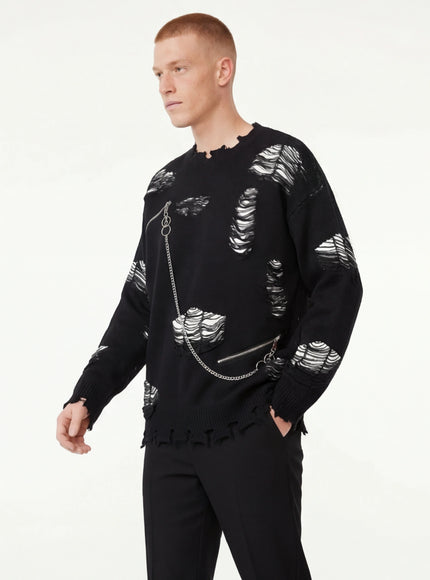 Essential Fit Knitted Sweater Ripped Chain Splicing