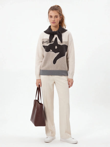 Model wearing Blue cute cat shawl knit top by Grozavu