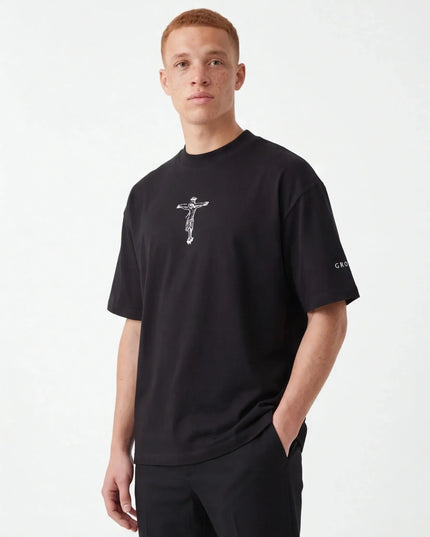 Front view of the Maison Grozavu Sophisticated Stone Tee in tee — showing the refined stitching.